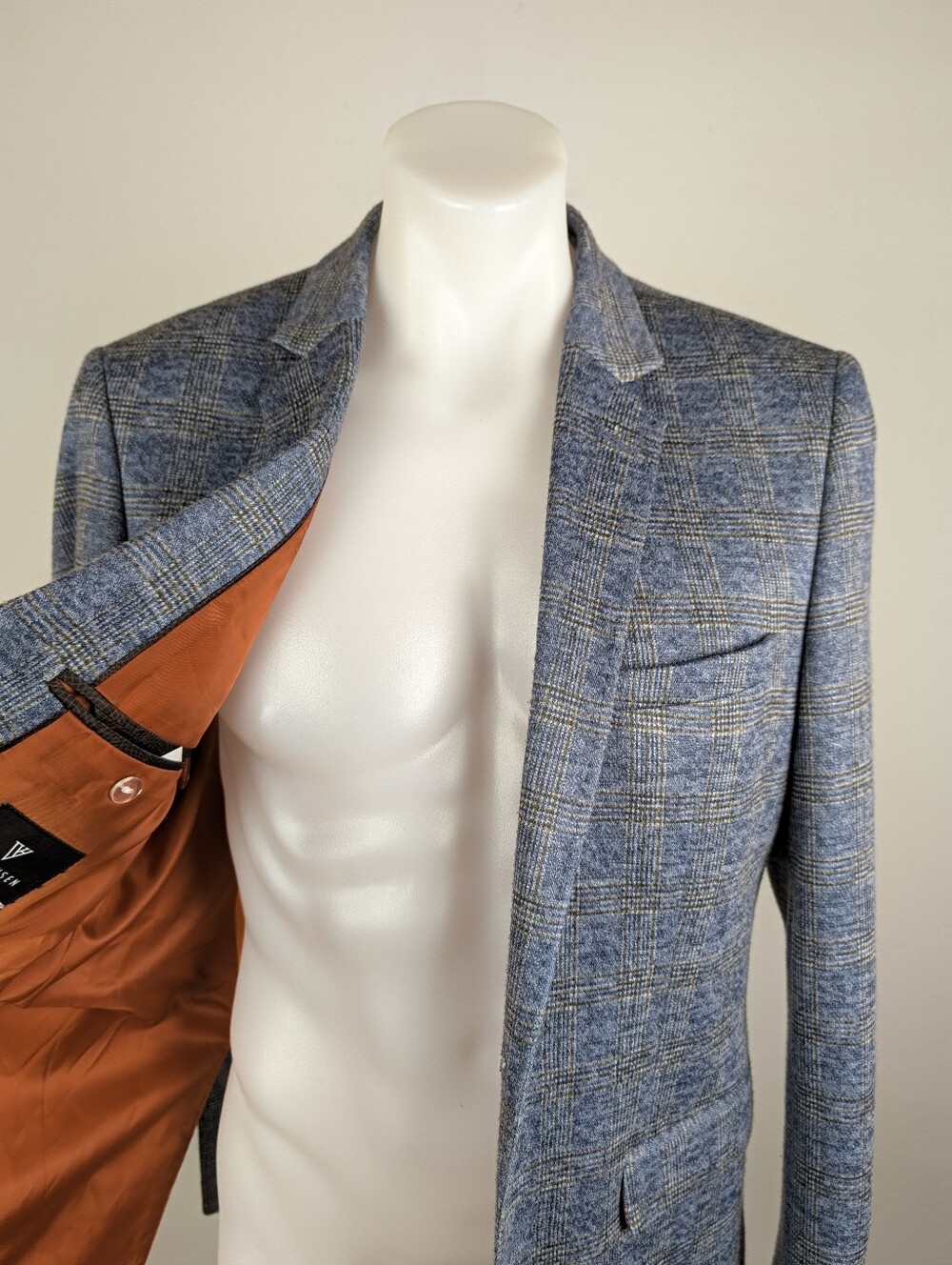 Van Heusen Extra Soft Blue Plaid Sport Coat with Orange Lining